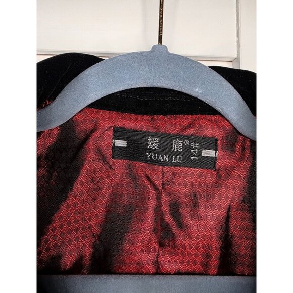 Black Velvet Blazer Jacket With Red Lining & Gold Button Details By Yuan Lu - Picture 4 of 16